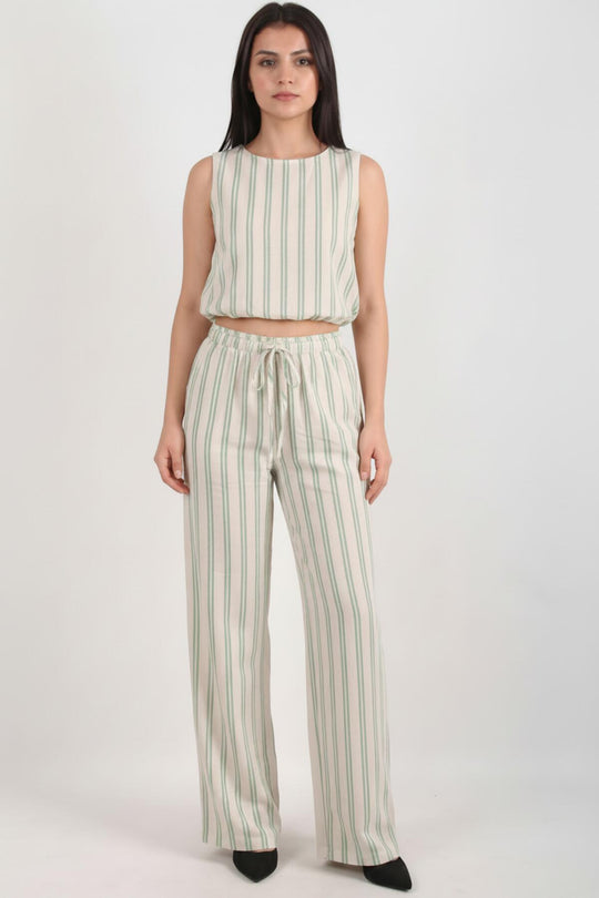 Kadın Çizgili Keten Kolsuz Takım  Yeşil