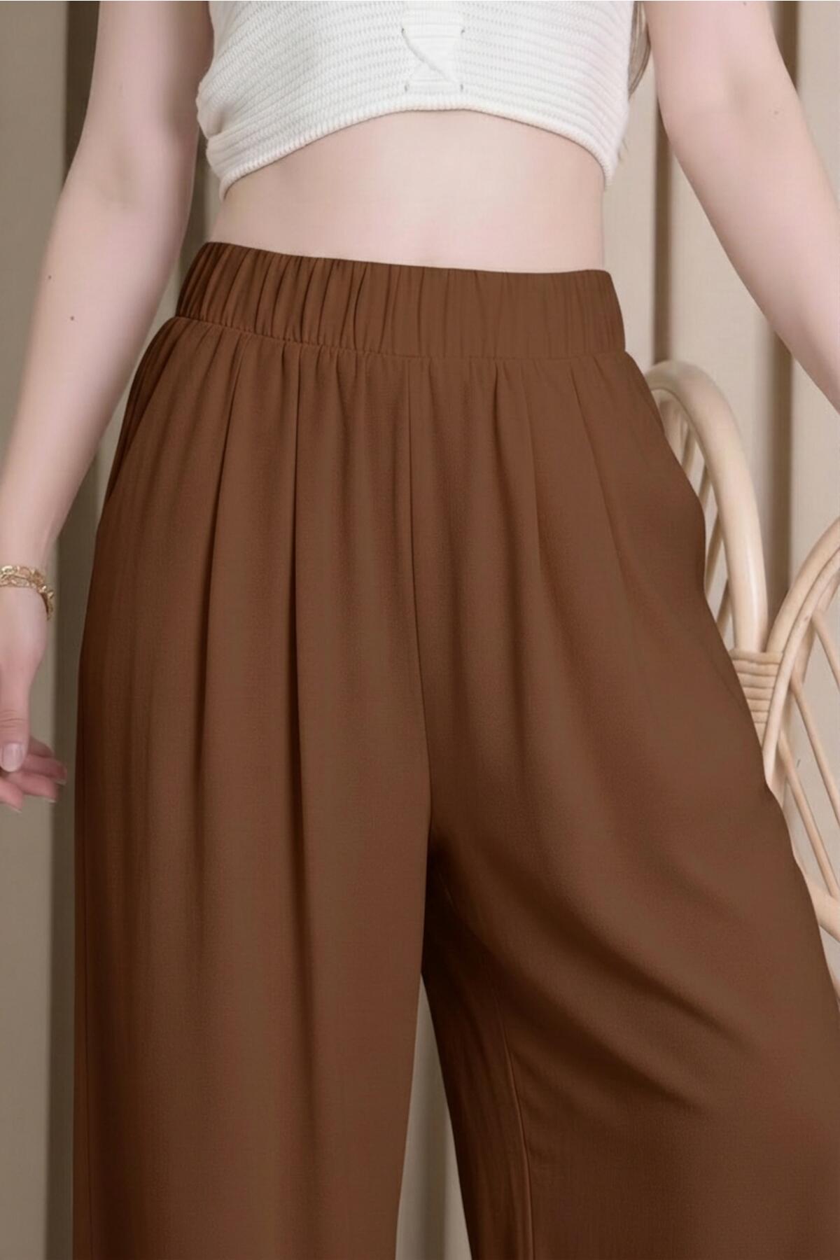 Kadın Tencel Paça Pileli Şalvar  Kahverengi