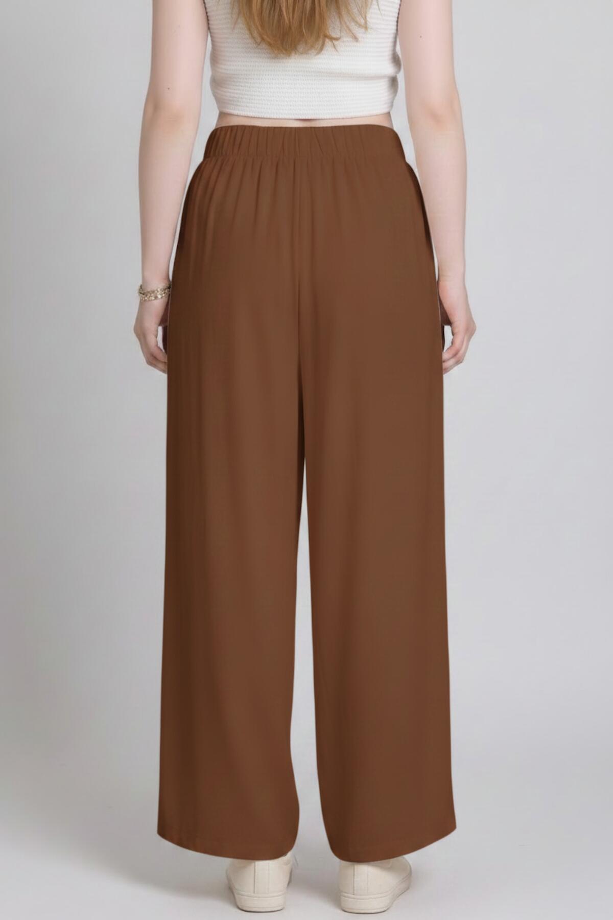 Kadın Tencel Paça Pileli Şalvar  Kahverengi