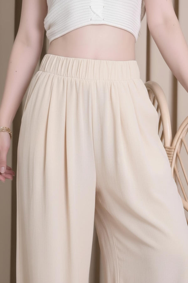 Kadın Tencel Paça Pileli Şalvar  Ekru