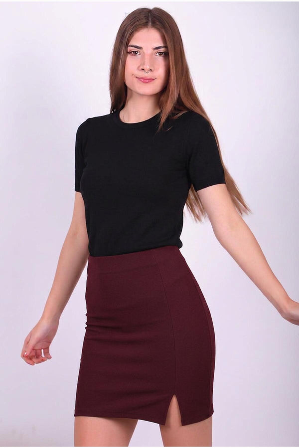 Kadın Venedik Tek Yırtmaçlı Mini Etek  Bordo