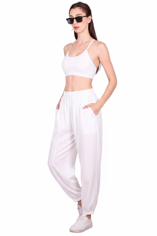 Kadın Tencel Çimalı Balon Pantolon  Beyaz