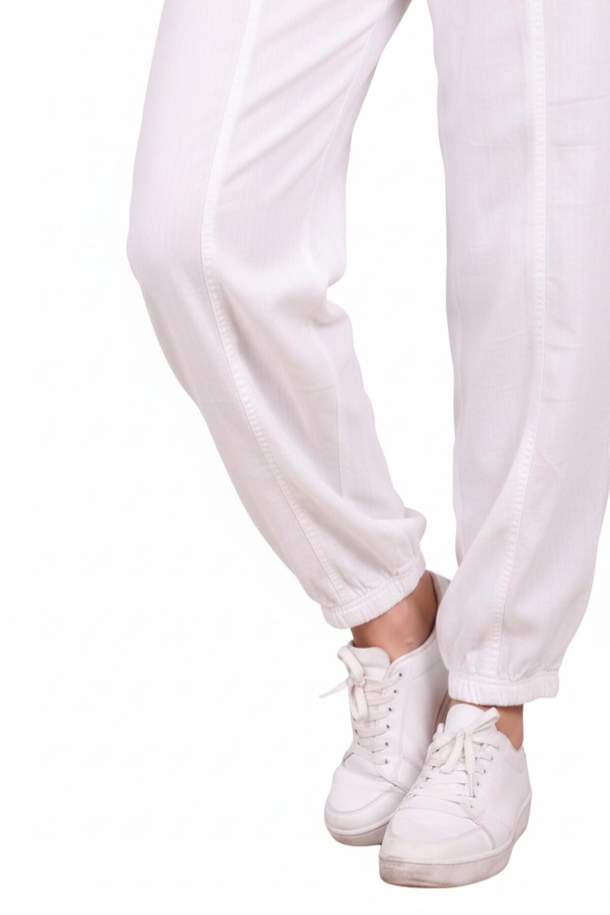 Kadın Tencel Çimalı Balon Pantolon  Beyaz