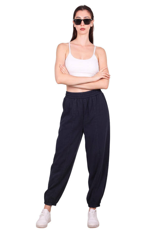 Kadın Tencel Çimalı Balon Pantolon  Lacivert