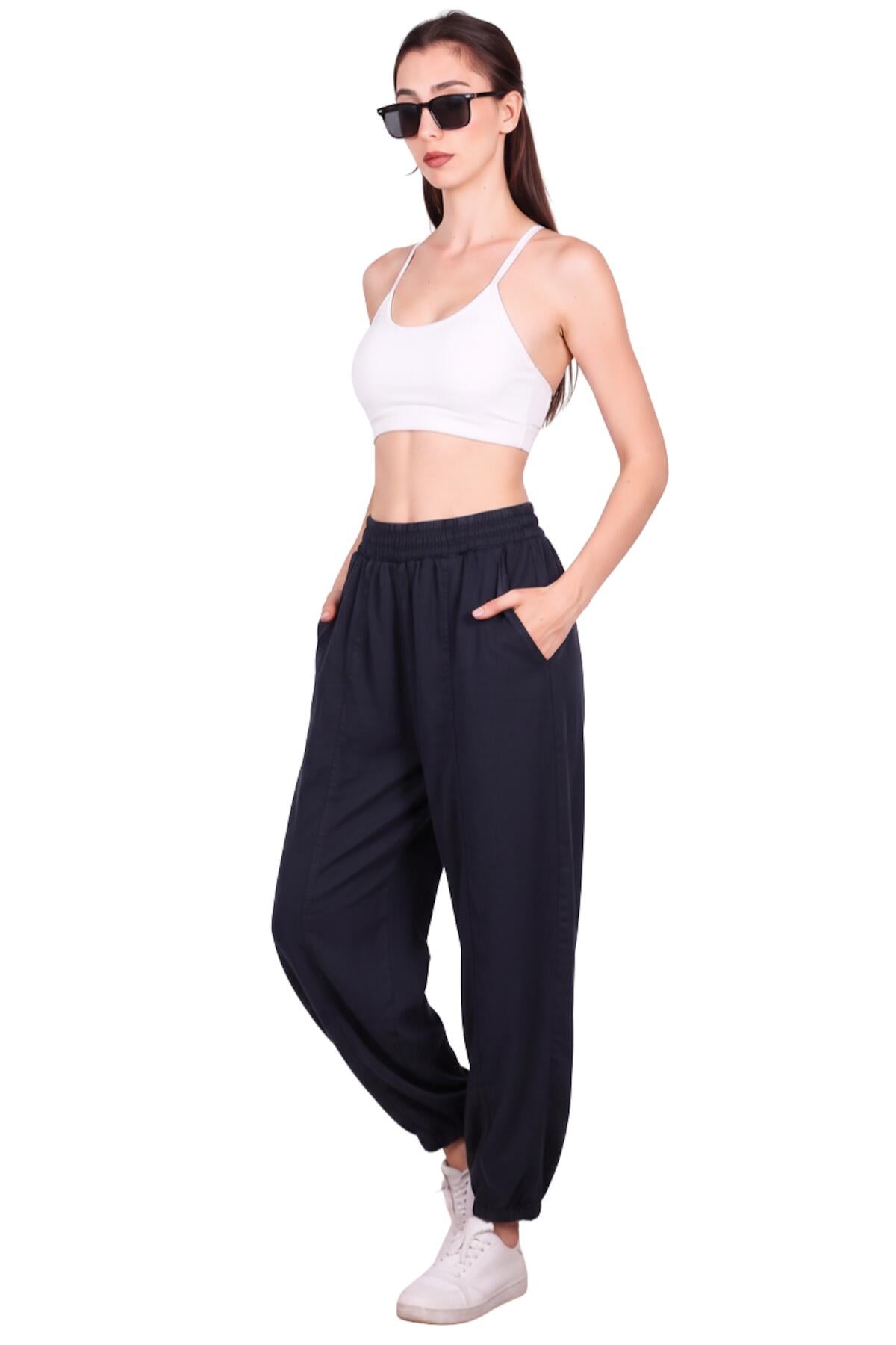 Kadın Tencel Çimalı Balon Pantolon  Lacivert
