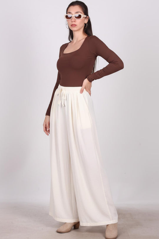 Kadın Tencel Pileli Bol Paça Pantolon  Ekru