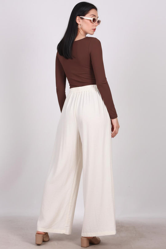 Kadın Tencel Pileli Bol Paça Pantolon  Ekru