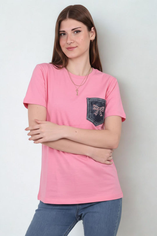 Kadın Kot Cep Nakışlı Bisiklet Yaka Tshırt  Pembe