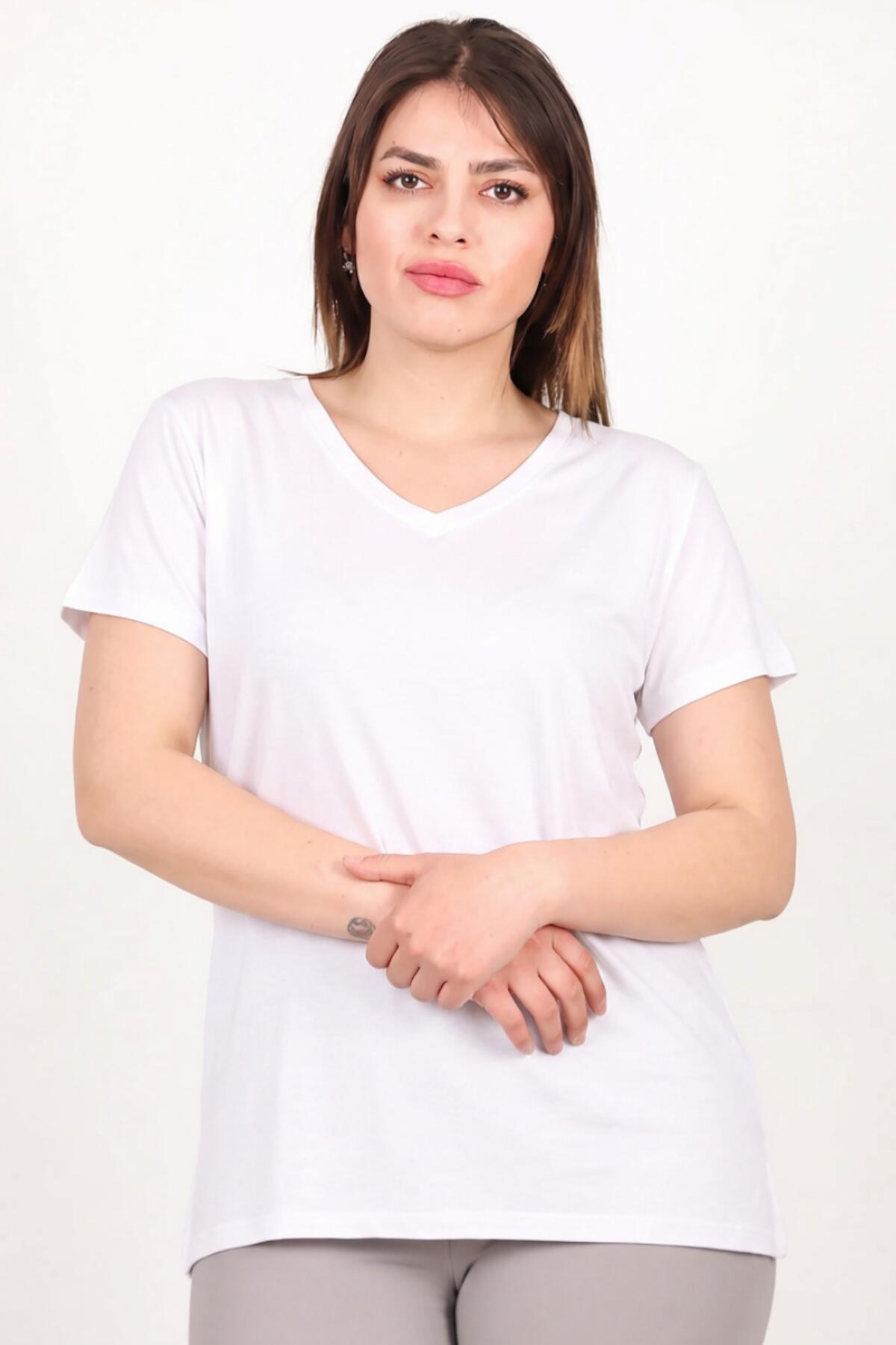 Büyük Beden Ön Arka V Yaka Biyeli Bluz  Ekru