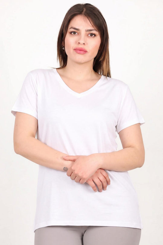 Büyük Beden Ön Arka V Yaka Biyeli Bluz  Ekru
