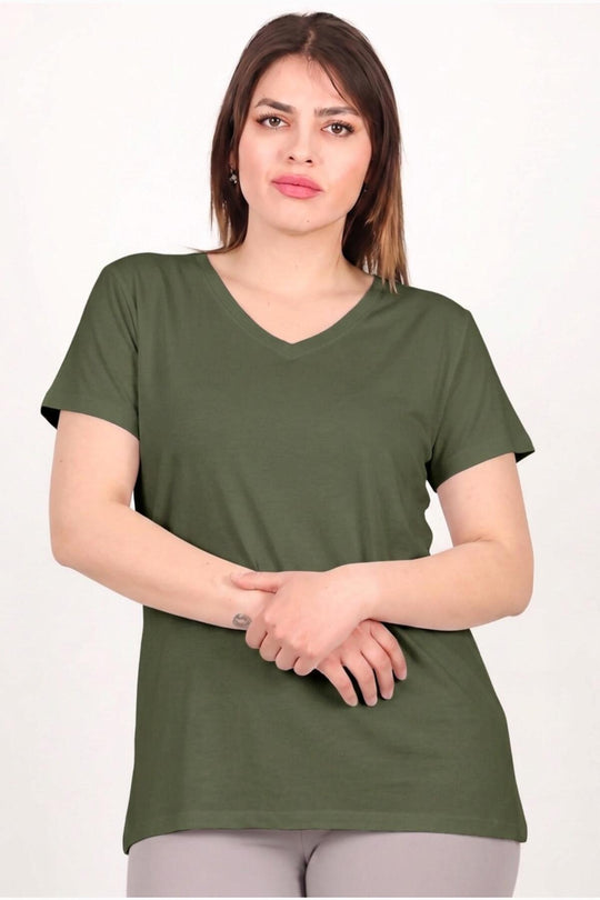 Büyük Beden Ön Arka V Yaka Biyeli Bluz  Haki