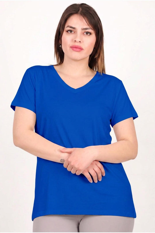 Büyük Beden Ön Arka V Yaka Biyeli Bluz  Saks
