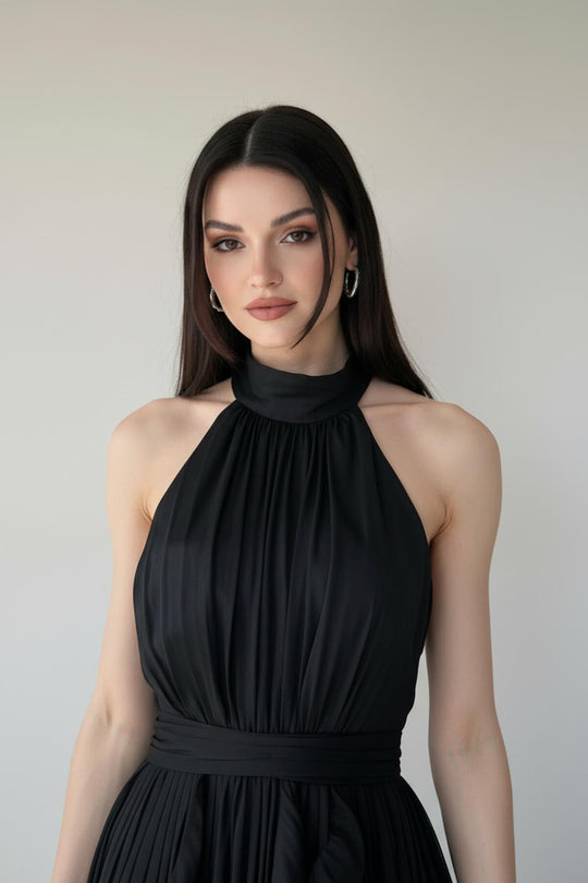 Kadın Kolsuz Boyundan Bağlamalı Bukleli Uzun Abiye  Siyah