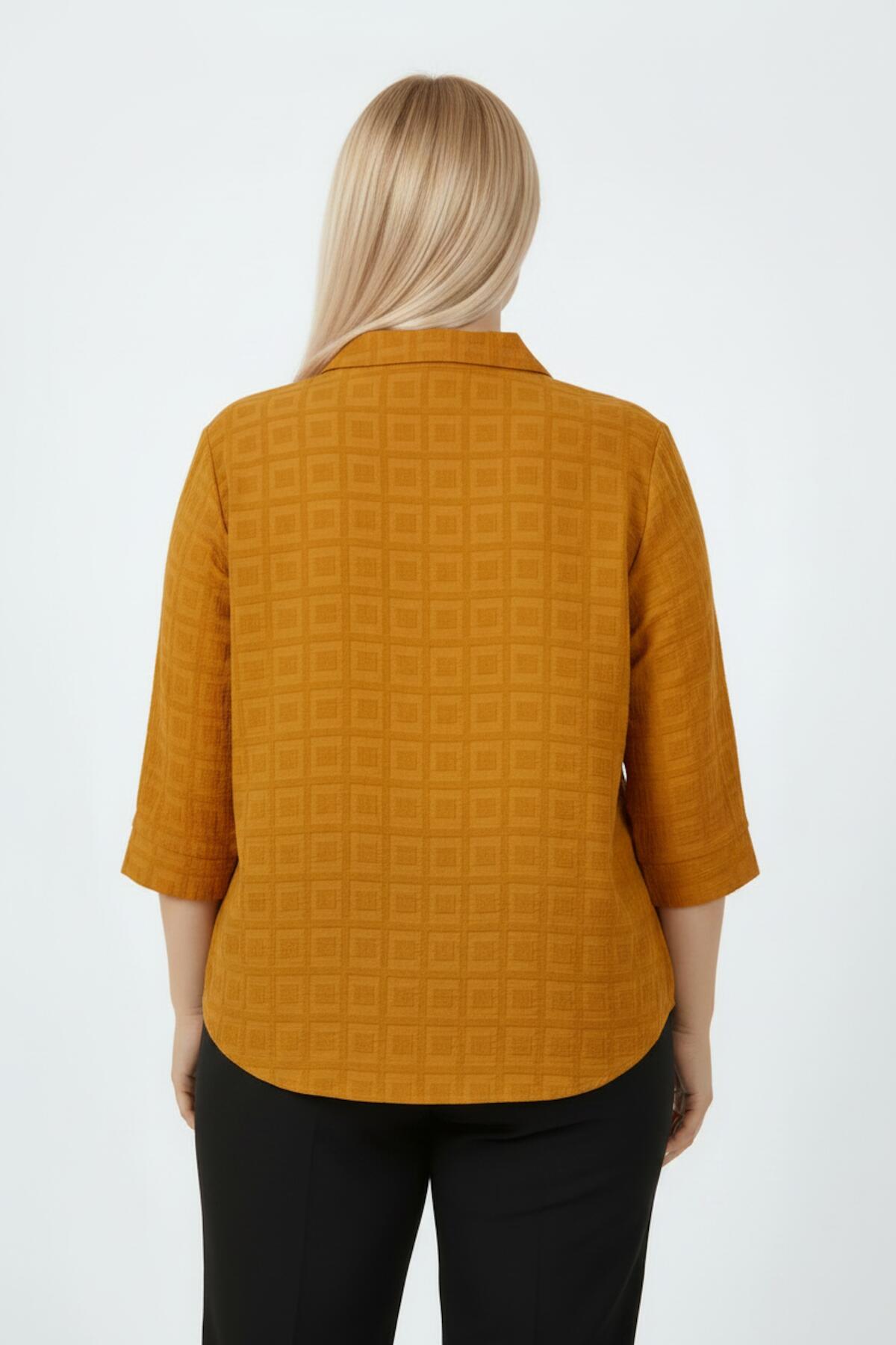 Büyük Beden Jakar Yakalı Bluz  Hardal
