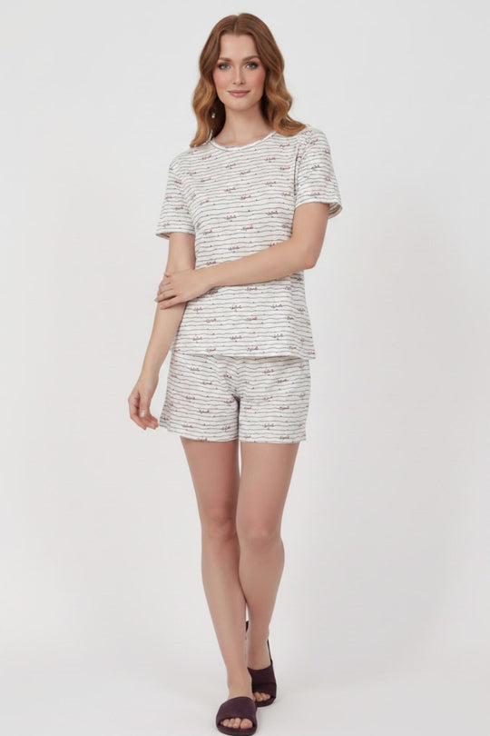 Kadın Desenli Kısa Kol Pijama Takımı  Ekru