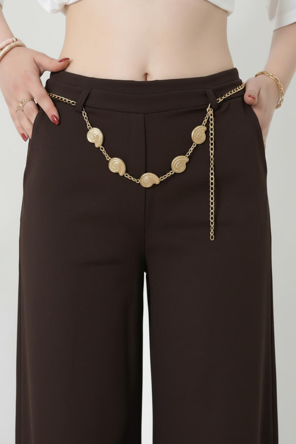 Kadın Kemer Detay Bol Paça Pantolon  Kahverengi