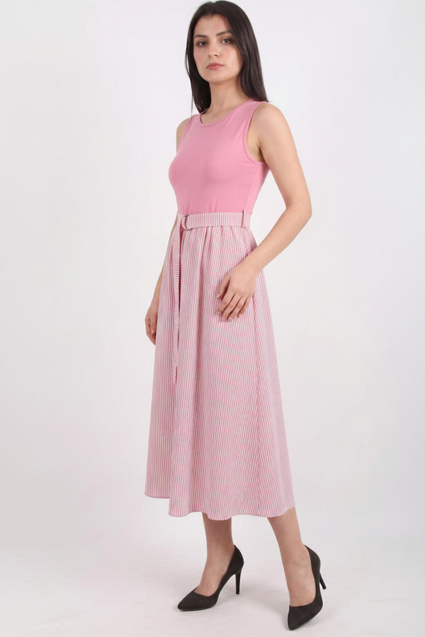 Kadın Su Yolu Çizgili Kemerli Elbise  Pembe