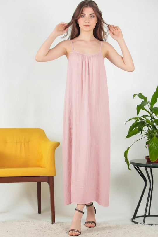 Kadın İp Askılı İtalyan Vual Elbise  Pembe
