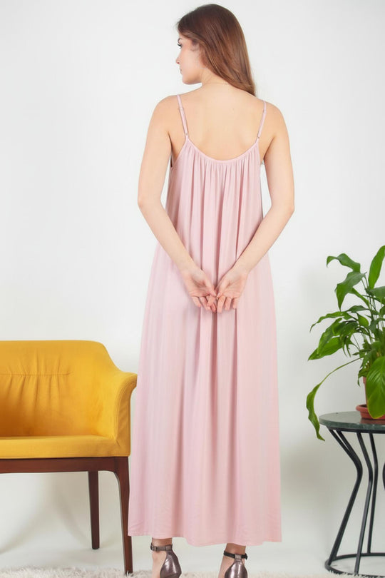Kadın İp Askılı İtalyan Vual Elbise  Pembe