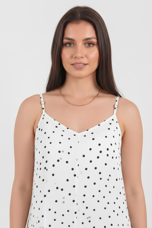 Kadın İp Askılı Puantiyeli Elbise  Ekru