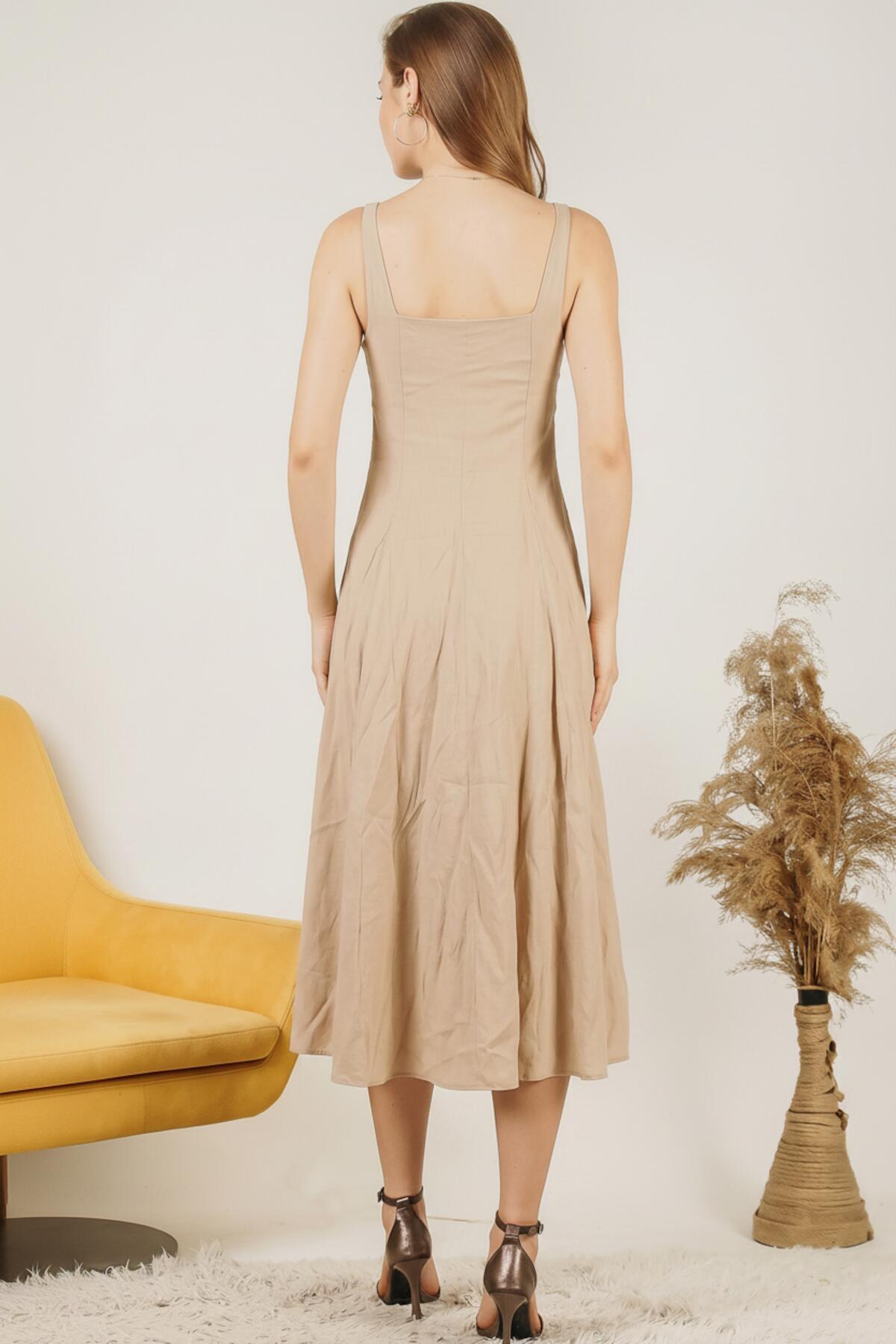 Kadın Kare Yaka Modal Elbise  Krem