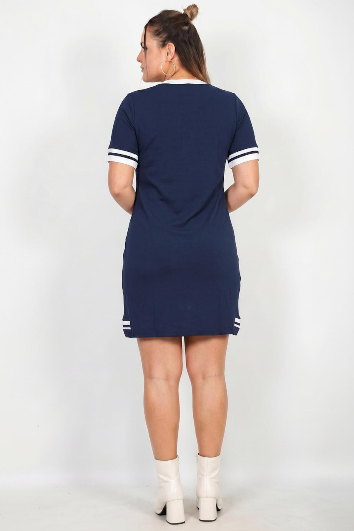 Büyük Beden Çizgi Detay V Yaka Kısa Kol Elbise  Lacivert
