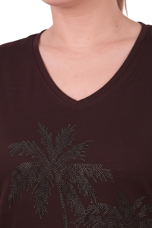 Büyük Beden V Yaka Taş İşlemeli Bluz  Kahverengi