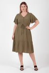 Büyük Beden Etek Ucu Katlı Kısa Kol Elbise  Haki