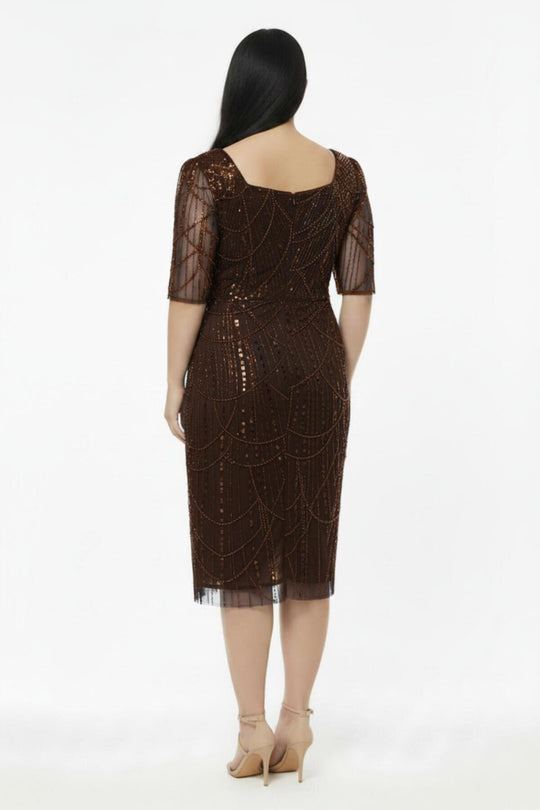 Büyük Beden Uzun Kol Kare Yaka Pullu Boncuklu Abiye  Kahverengi