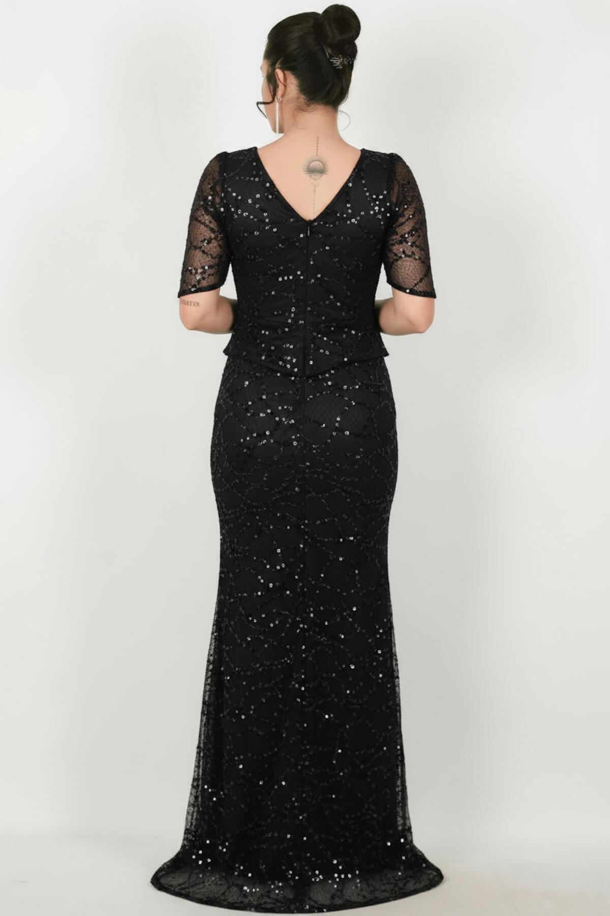 Büyük Beden Kısa Kol Boncuklu Dantel Abiye  Siyah