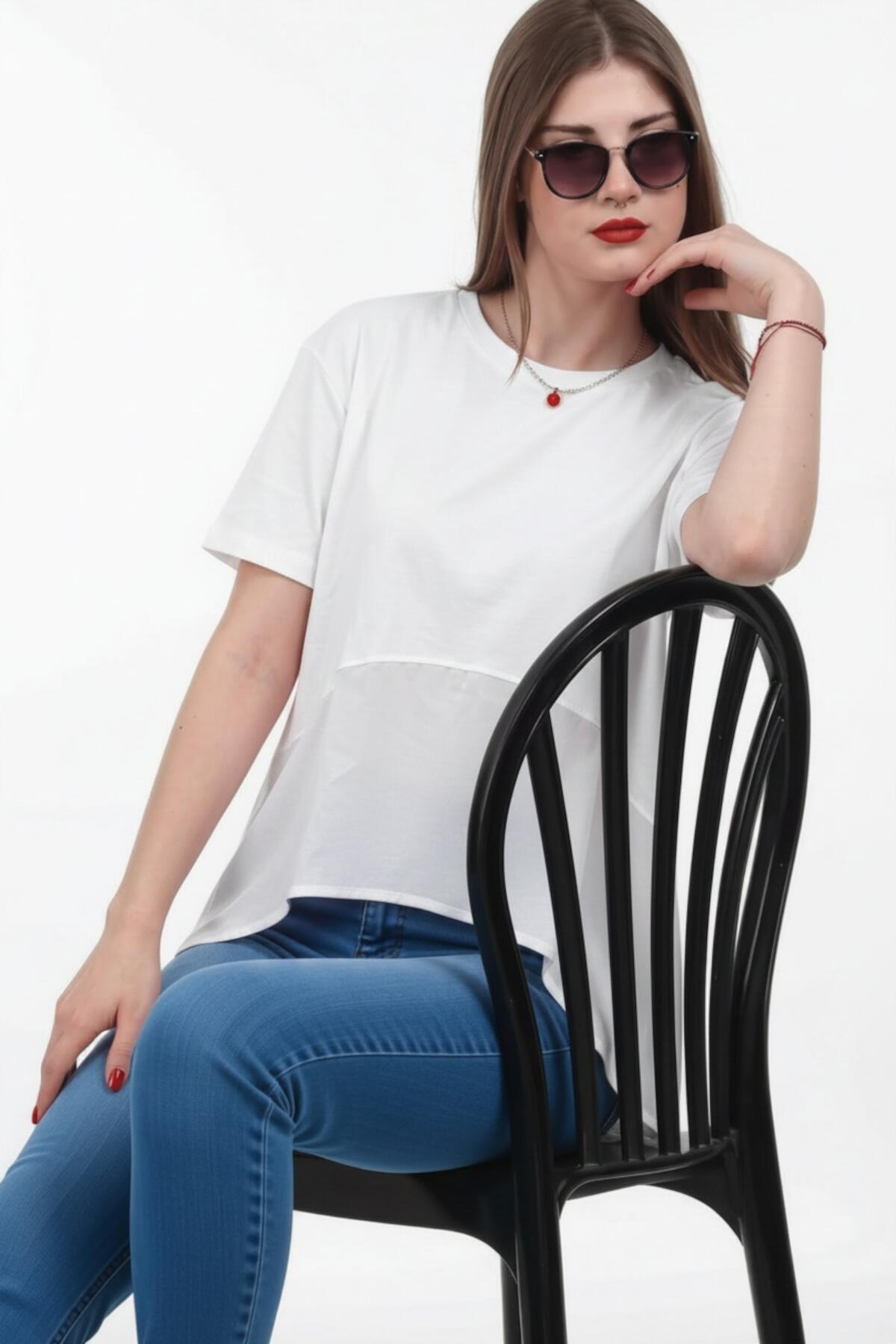 Kadın Tencel Garnili Bluz  Ekru