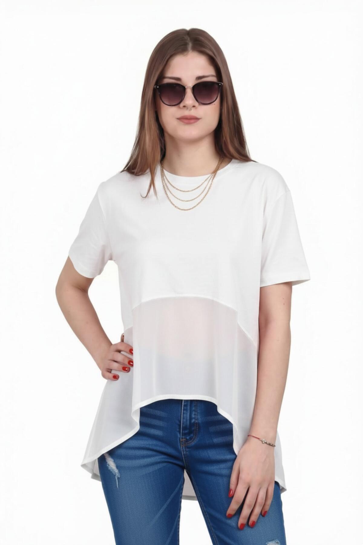 Kadın Tencel Garnili Bluz  Ekru
