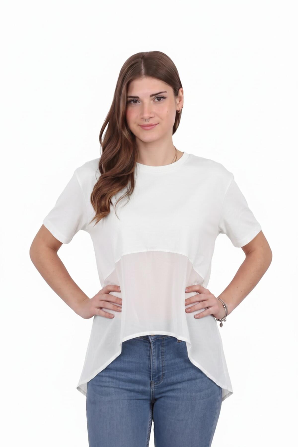 Kadın Tencel Garnili Bluz  Ekru