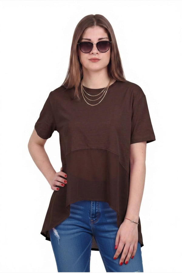 Kadın Tencel Garnili Bluz  Kahverengi