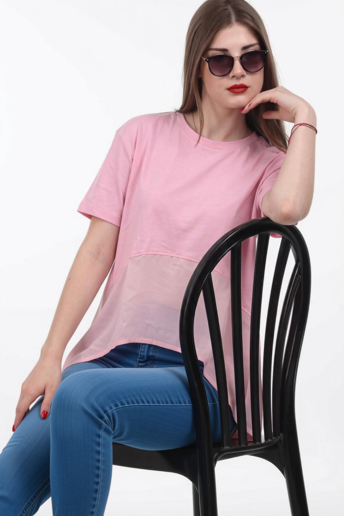 Kadın Tencel Garnili Bluz  Pembe