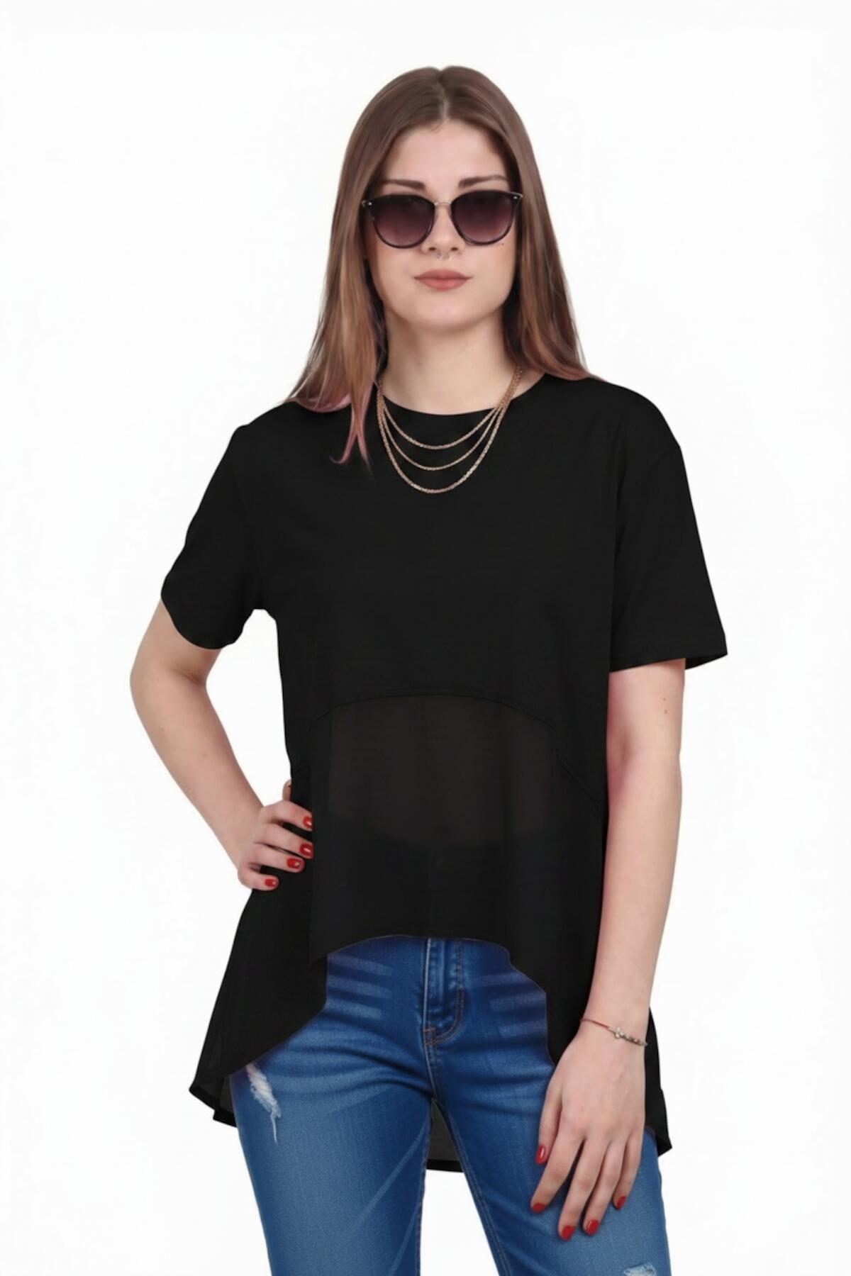 Kadın Tencel Garnili Bluz  Siyah