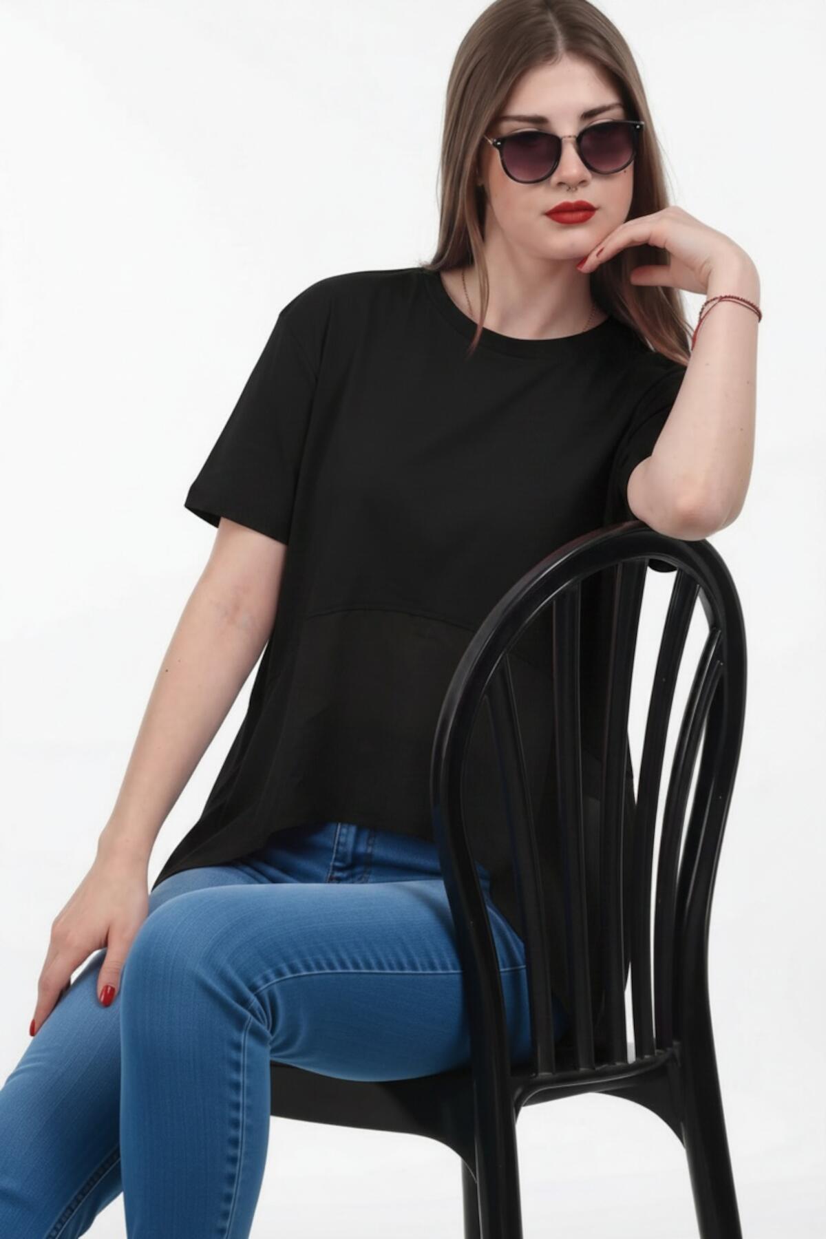 Kadın Tencel Garnili Bluz  Siyah