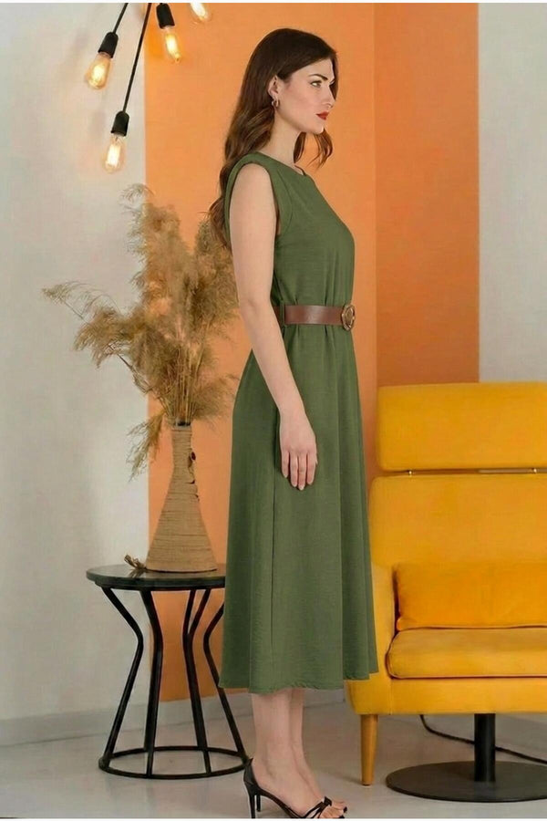 Kadın Vatkalı Bel İnce Lastikli Elbise  Haki
