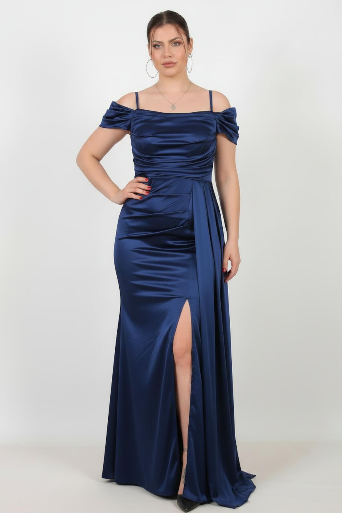 Büyük Beden Düşük Omuz Saten Abiye  Lacivert