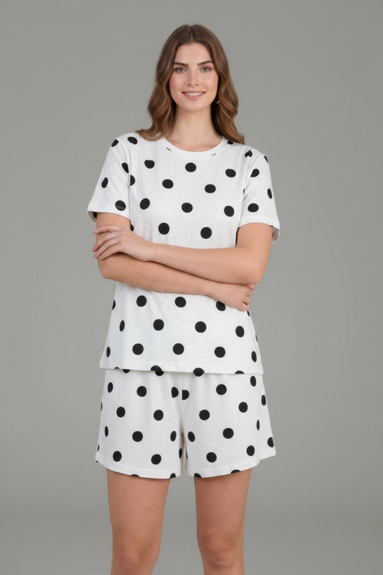Kadın Desenli Kısa Kol Pijama Takımı  Beyaz