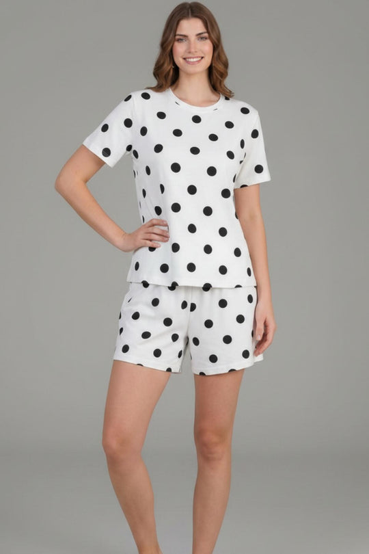 Kadın Desenli Kısa Kol Pijama Takımı  Beyaz