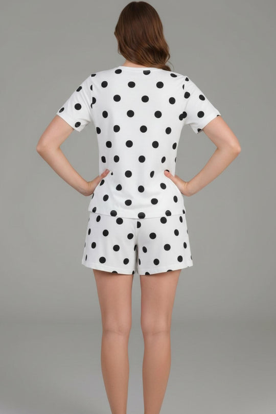 Kadın Desenli Kısa Kol Pijama Takımı  Beyaz