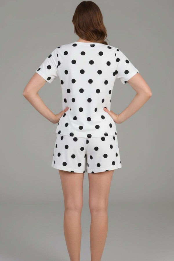 Kadın Desenli Kısa Kol Pijama Takımı  Beyaz