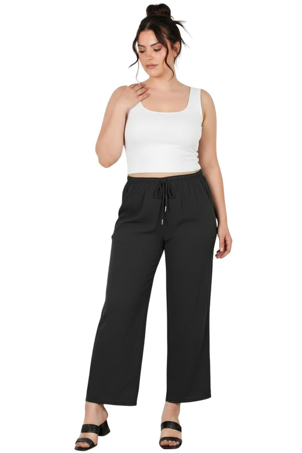 Büyük Beden Tencel Geniş Paça Pantolon  Füme