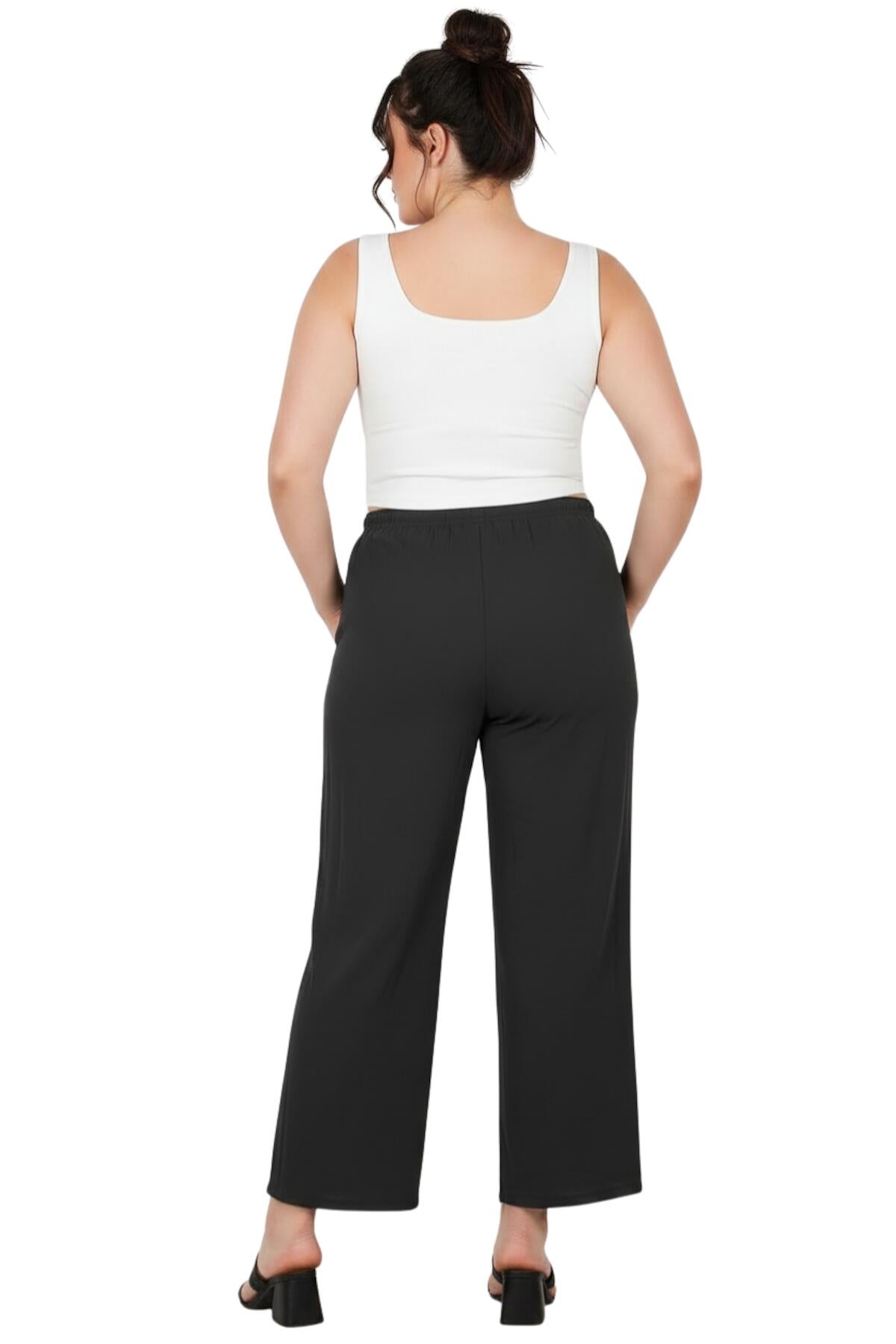 Büyük Beden Tencel Geniş Paça Pantolon  Füme