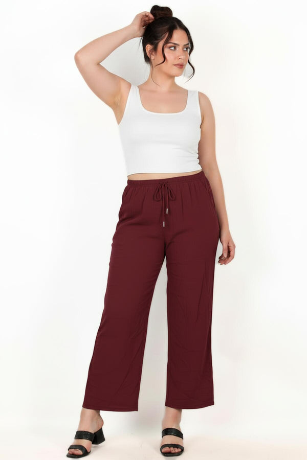 Büyük Beden Tencel Geniş Paça Pantolon  Bordo