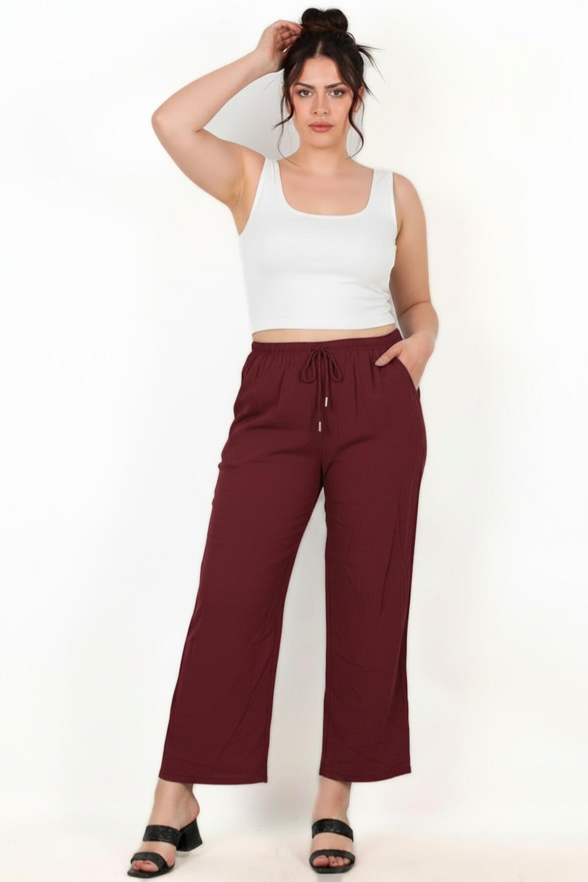Büyük Beden Tencel Geniş Paça Pantolon  Bordo