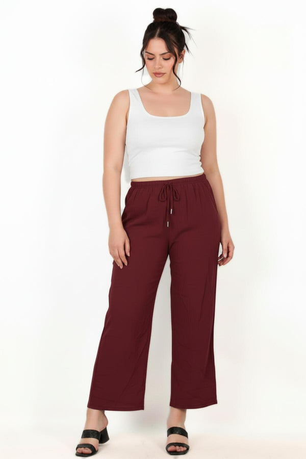 Büyük Beden Tencel Geniş Paça Pantolon  Bordo