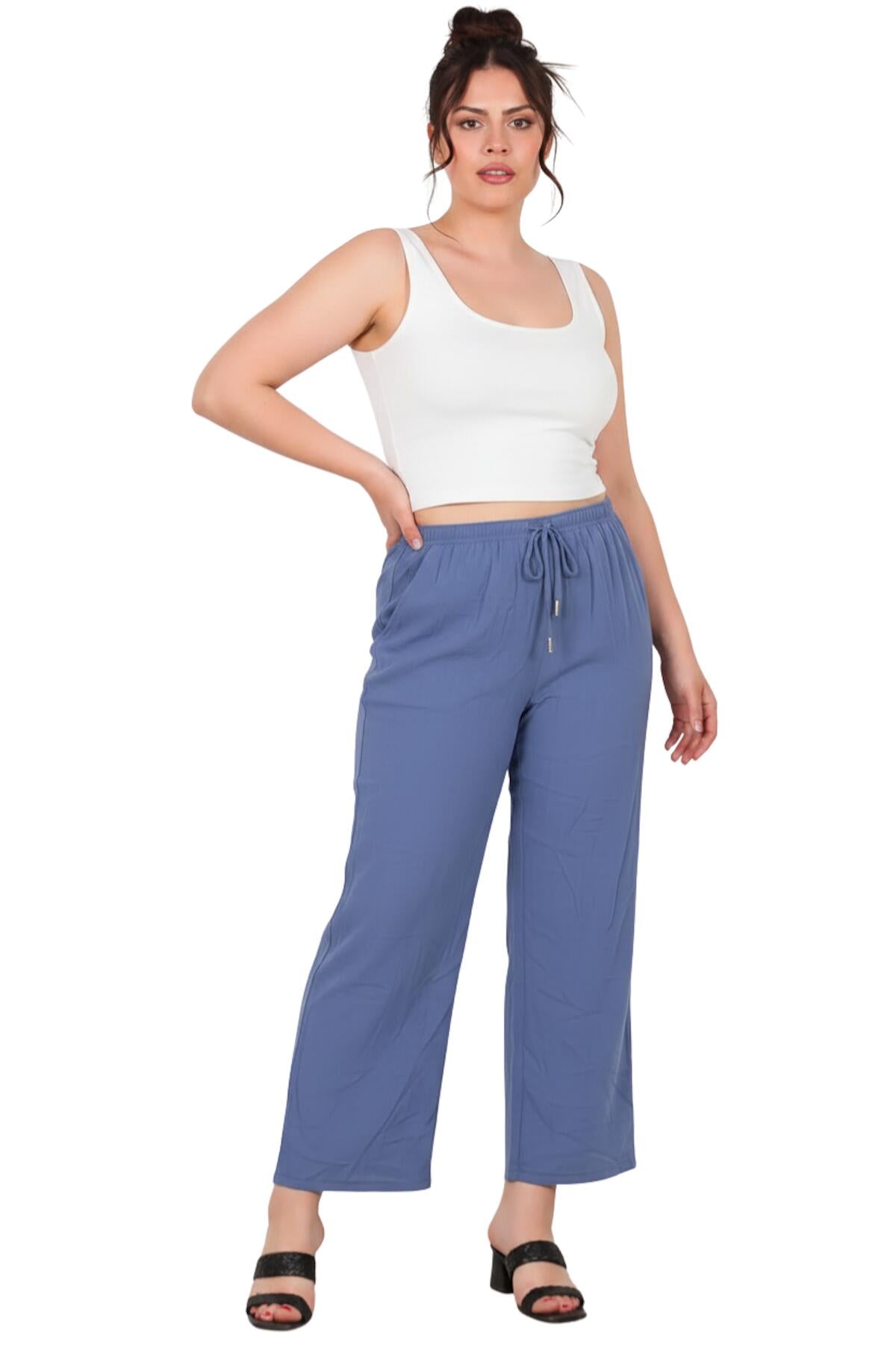 Büyük Beden Tencel Geniş Paça Pantolon  İndigo
