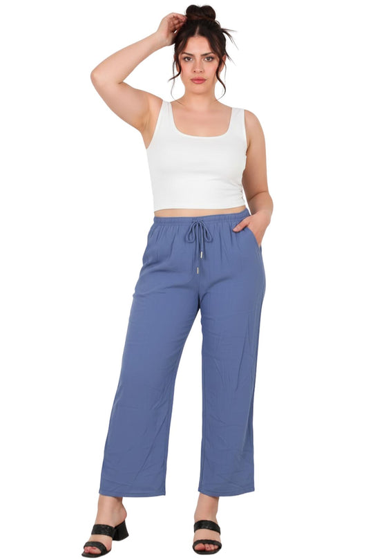 Büyük Beden Tencel Geniş Paça Pantolon  İndigo